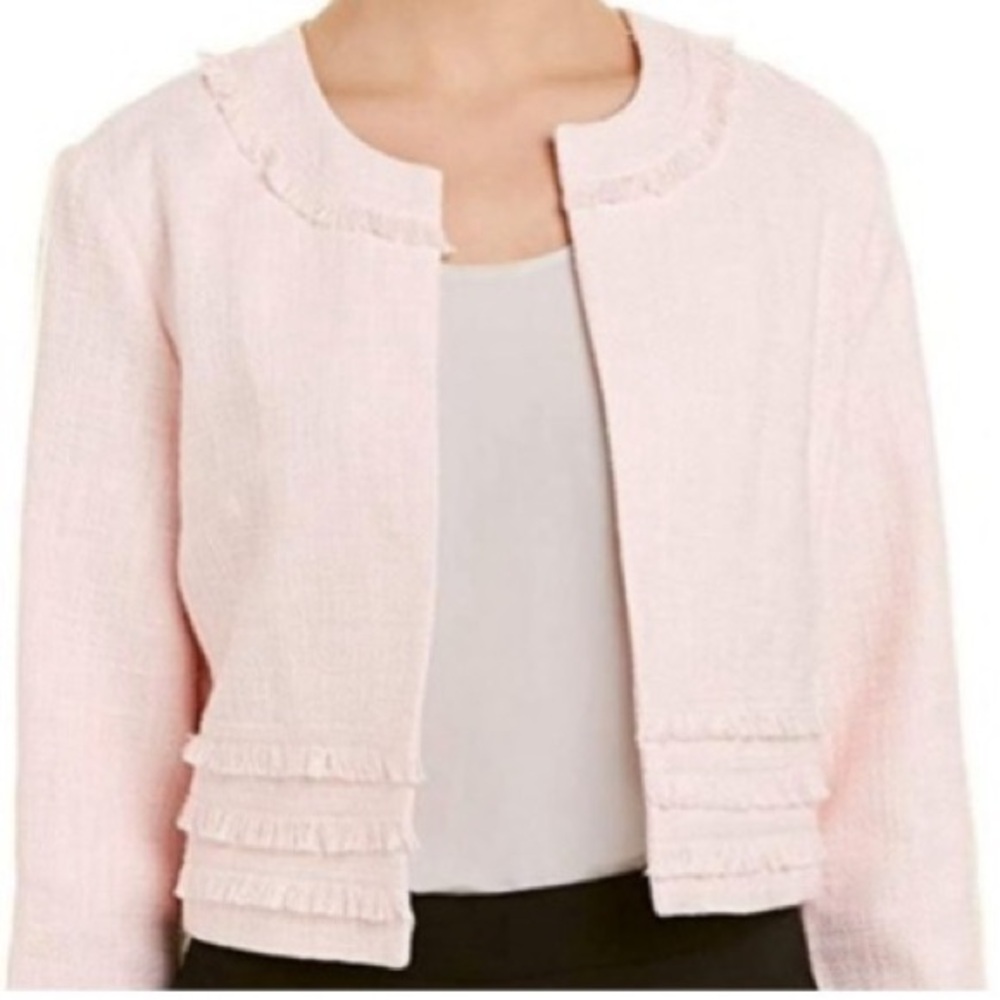 Karl Lagerfeld Pink Tweed Jacket 3/4‎ Sleeve Cropped Blazer Size Medium